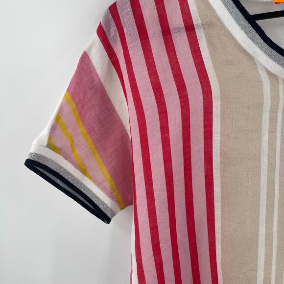 VILAGALLO Top Size Small Stripes Linen Blend Short Sleeve Multi Color V-Neck - Picture 5 of 11